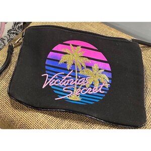 Victorias Secret Black Wristlet Clutch With Tropical Logo & Gold Zipper Detail